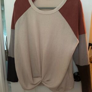 Colorblock Knot-Front Pullover Sweater - Cream & Rust